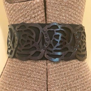 Betsey Johnson Cabbage Rose Cut-out Leather Belt